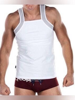 Croota Mens TankTop, Gymwear, Square Cut, White (Grey Trim), TPM01 Sz M